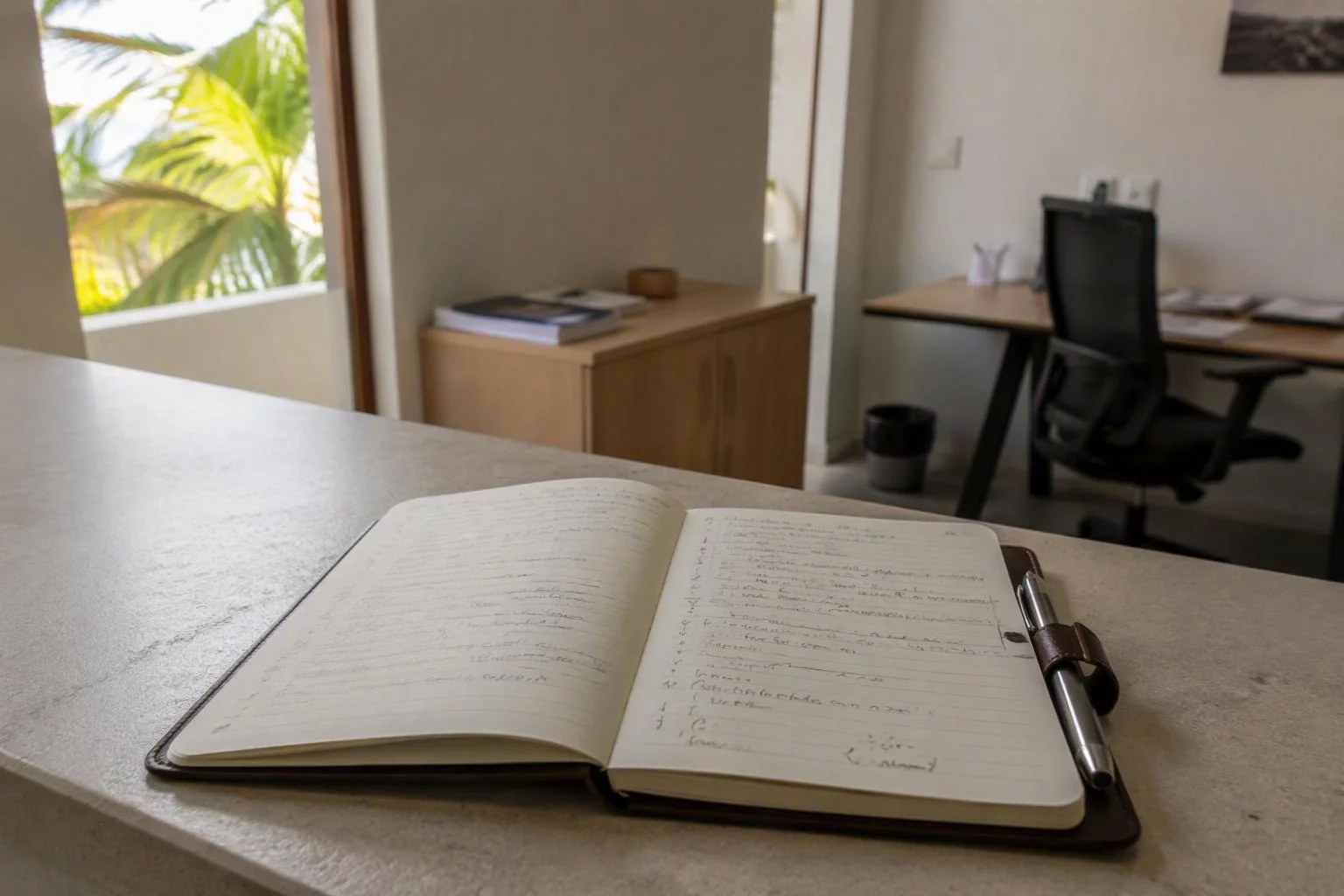 Caderno de campo aberto com o roteiro de atendimento anotado