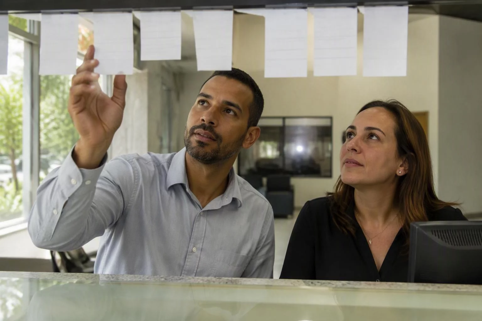 Atendente e consultora conferindo a fila de ordens no balcão da unidade